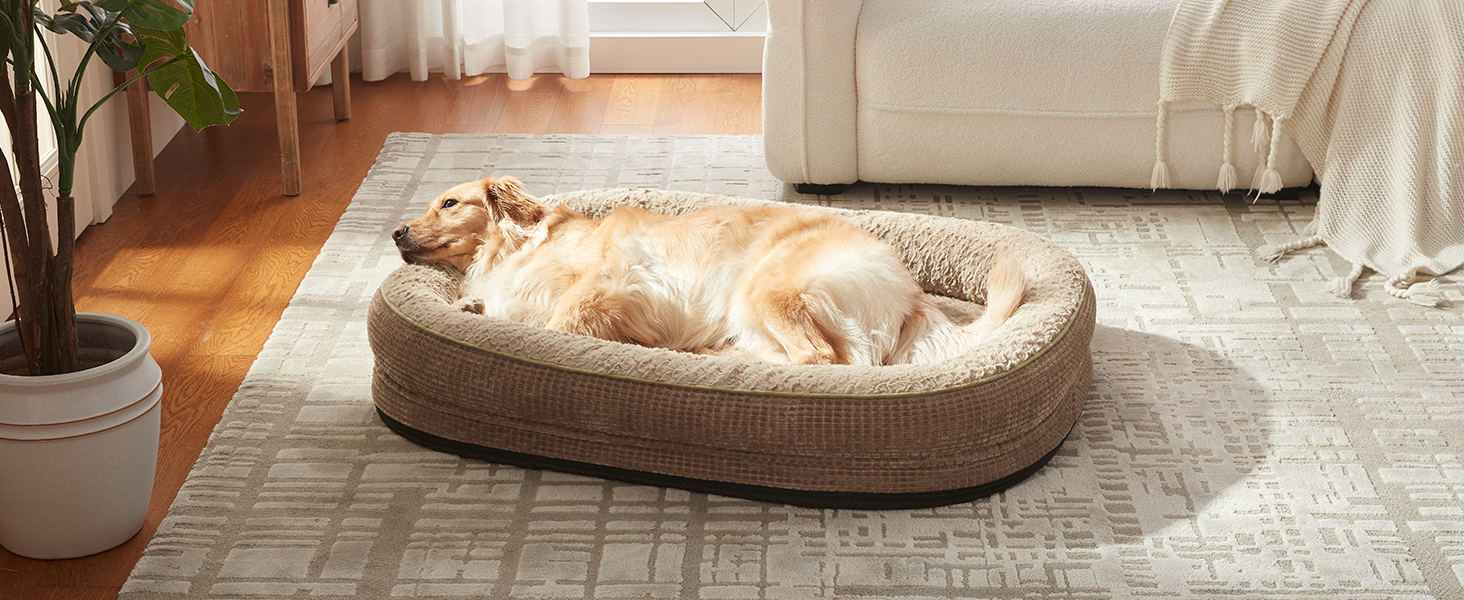 Ортопедичне ліжко для собак середнього розміру Pawk, з чотирибічною подушкою для шиї, з memory foam, водонепроникне, неслизьке, знімне та пральне, сіре, розмір L-L 89 x 63 x 18 см