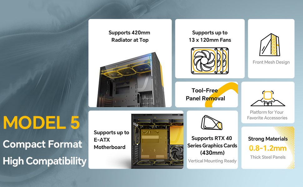 Корпус для ПК Geometric Future M5 Vent Mesh, Mid Tower, E-ATX/ATX, Чорний/Жовтий, Mesh Front Panel, Підтримка 420/360 радіатора