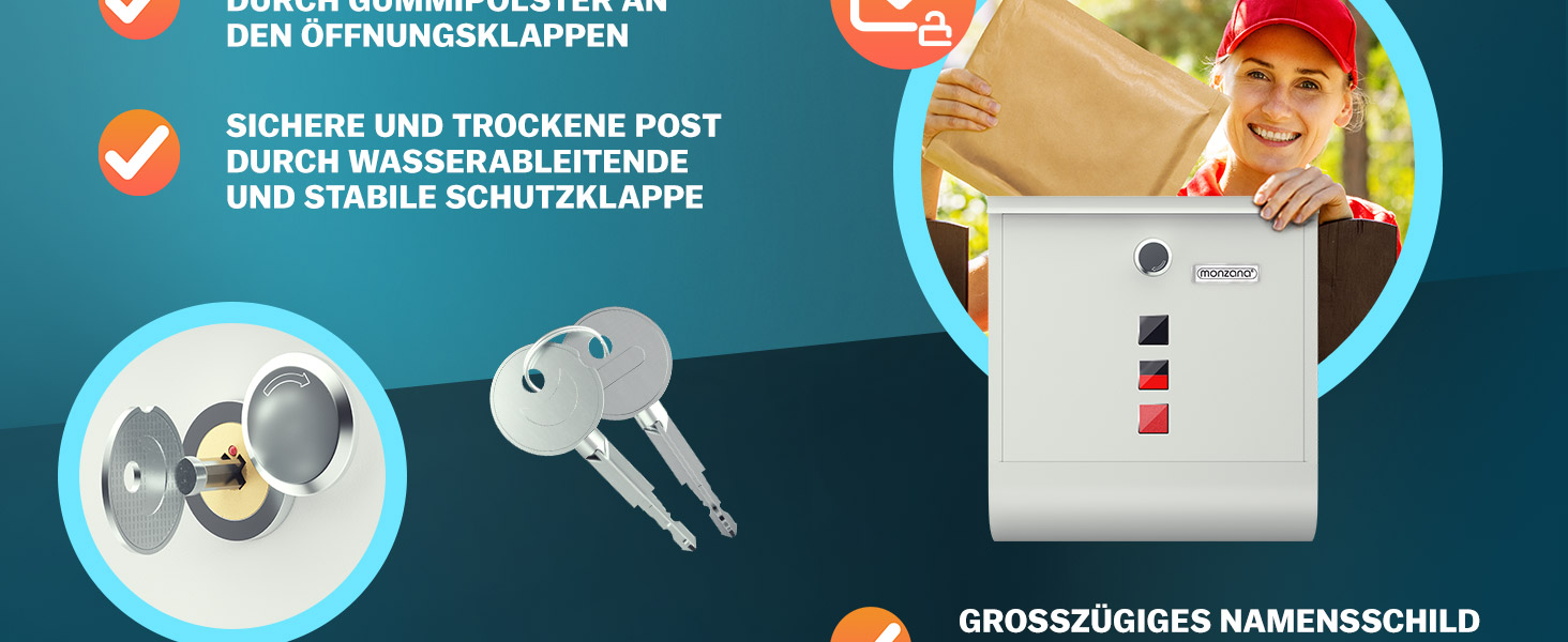 Поштовий ящик Monzana Kreuzschloss з мідним циліндром, поворотна кришка 31x10x34 см, вікно, табличка для імені, відділ для газет, сталь, 2 ключі, чорно-срібний (білий)