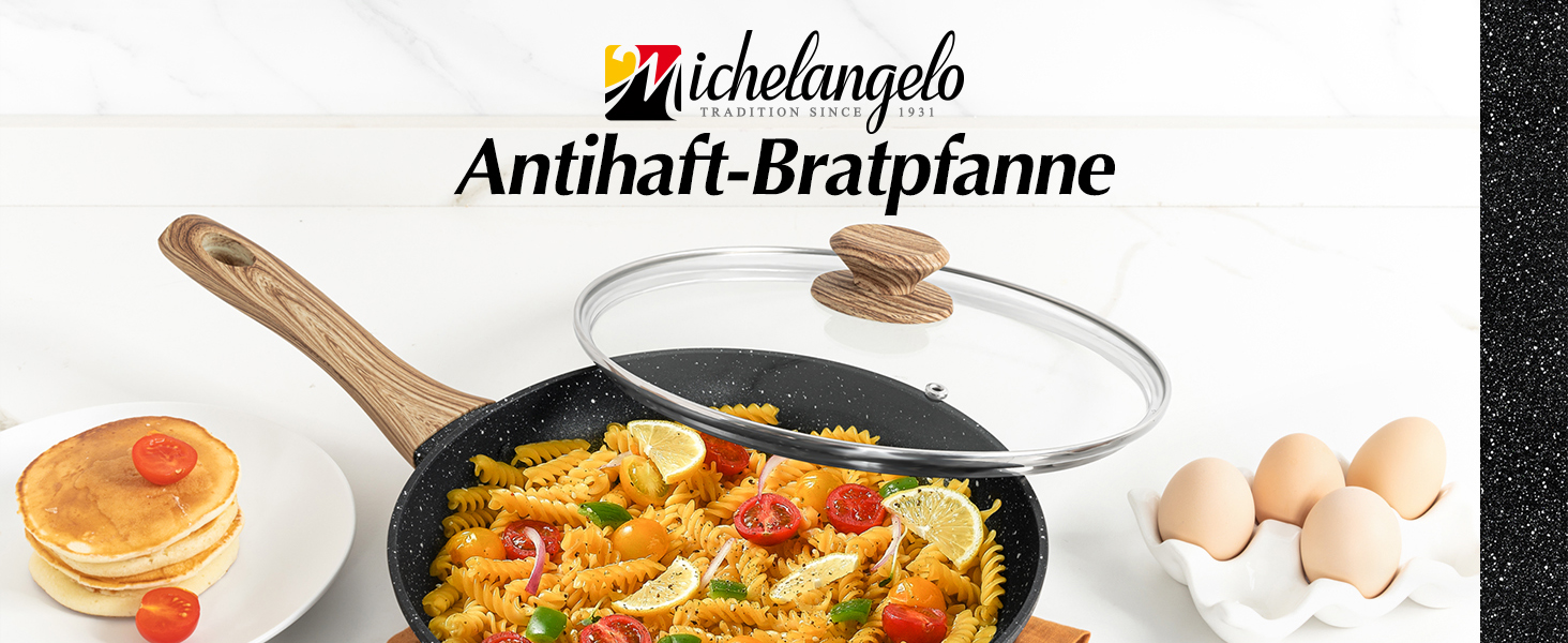 Сковорода з антипригарним покриттям Michelangelo з кришкою 28 см, глибока сковорода для смаження та тушкування, чорна, підходить для індукційних плит
