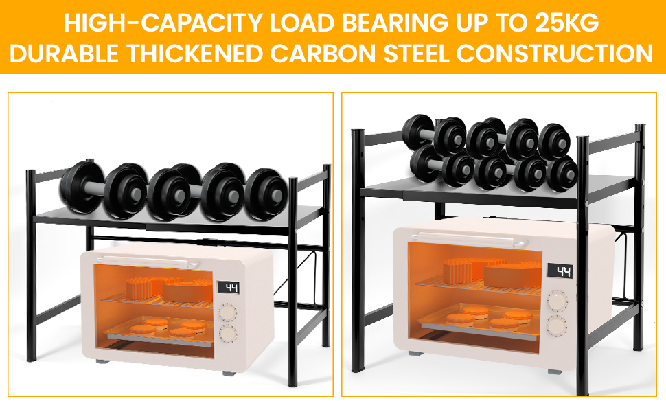 Регульована підставка для мікрохвильовки 2-ярусна, розширювана полиця для кухні з вуглецевої сталі з 8 гачками, органайзер для кухонних аксесуарів, стійка для мікрохвильовки та полиця для зберігання, кухонна полиця для випічки