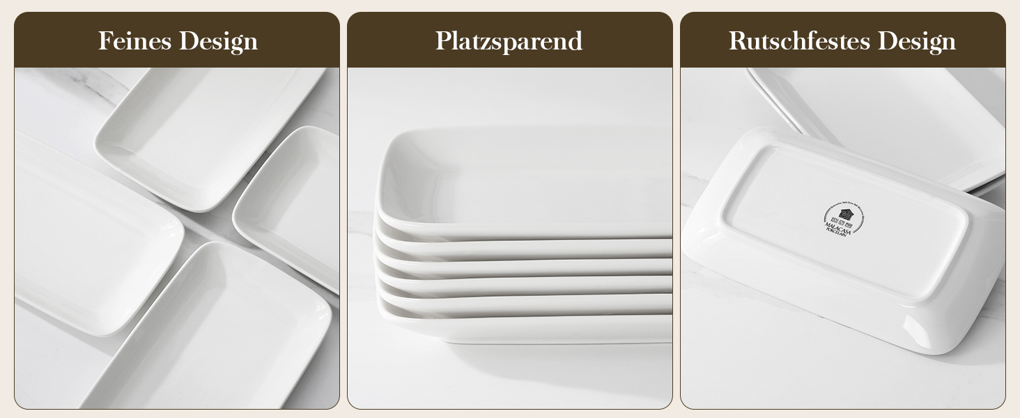 Сервірна таця MALACASA з порцеляни, 6-ти частинний набір, прямокутна, 25 x 14 см, біла. Ідеально для буфетів, суші, тортів та закусок вдома та в ресторані.