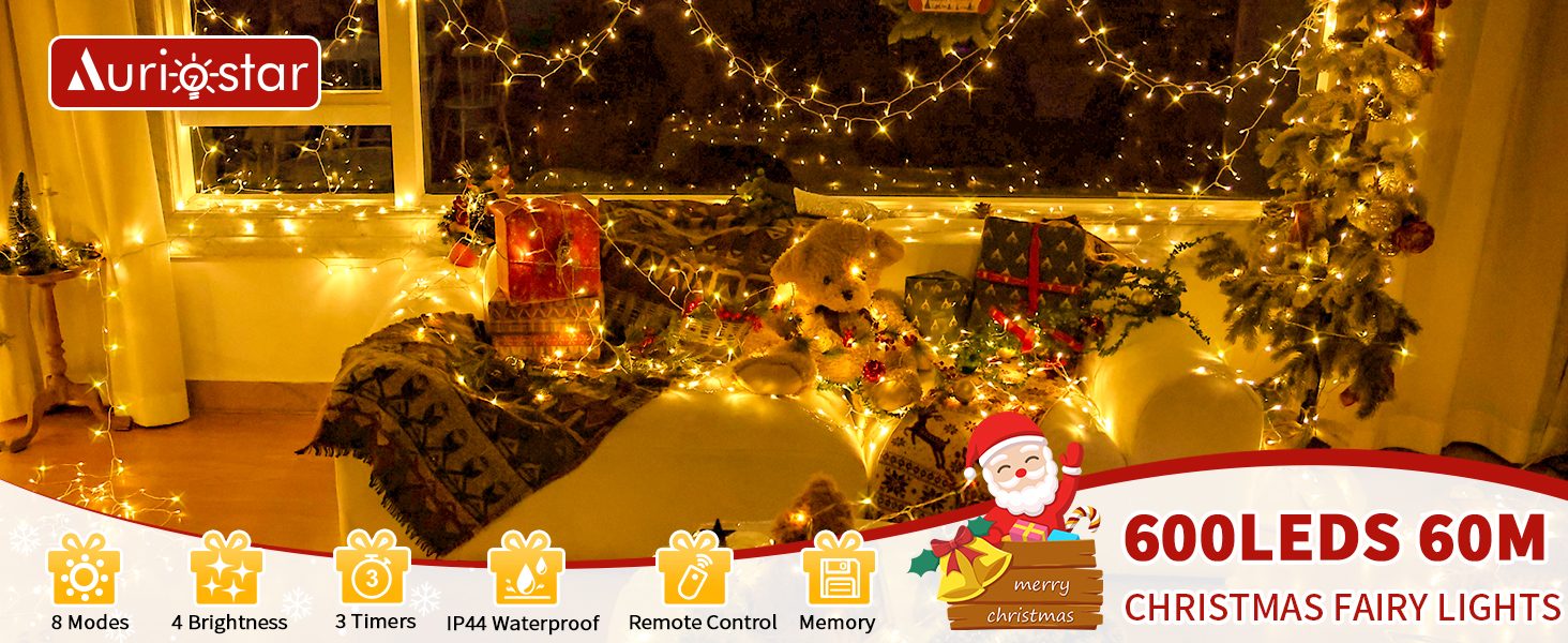 Гірлянда світлодіодна 60м, 600 LED, для декорування приміщень та вулиці, 8 режимів, таймер, IP44, тепле світло, для ялинки, балкона, вікна, саду, вечірки