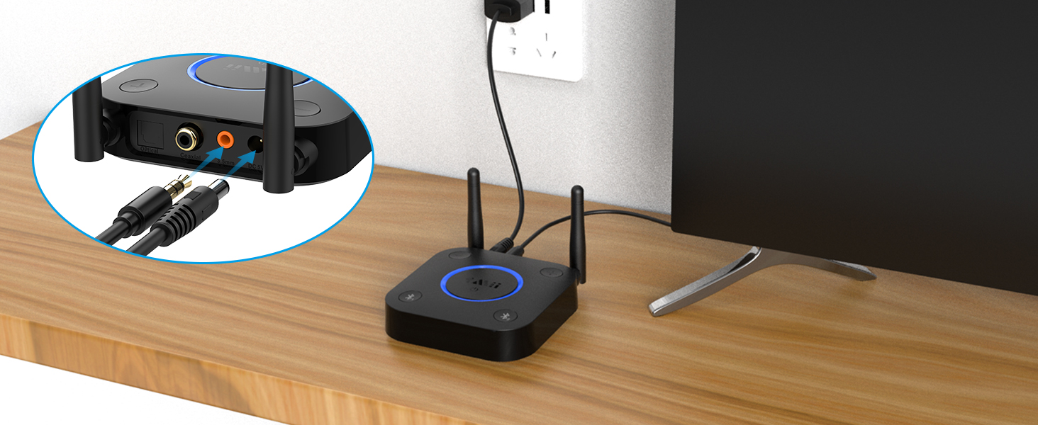 1Mii B06TX Bluetooth 5.2 Передавач для ТВ з aptX HD та низькою затримкою, велика дальність дії, аудіоадаптер для 2 навушників або динаміків, 3,5mm AUX/Оптичний/Коаксіальний вихід, регулювання гучності