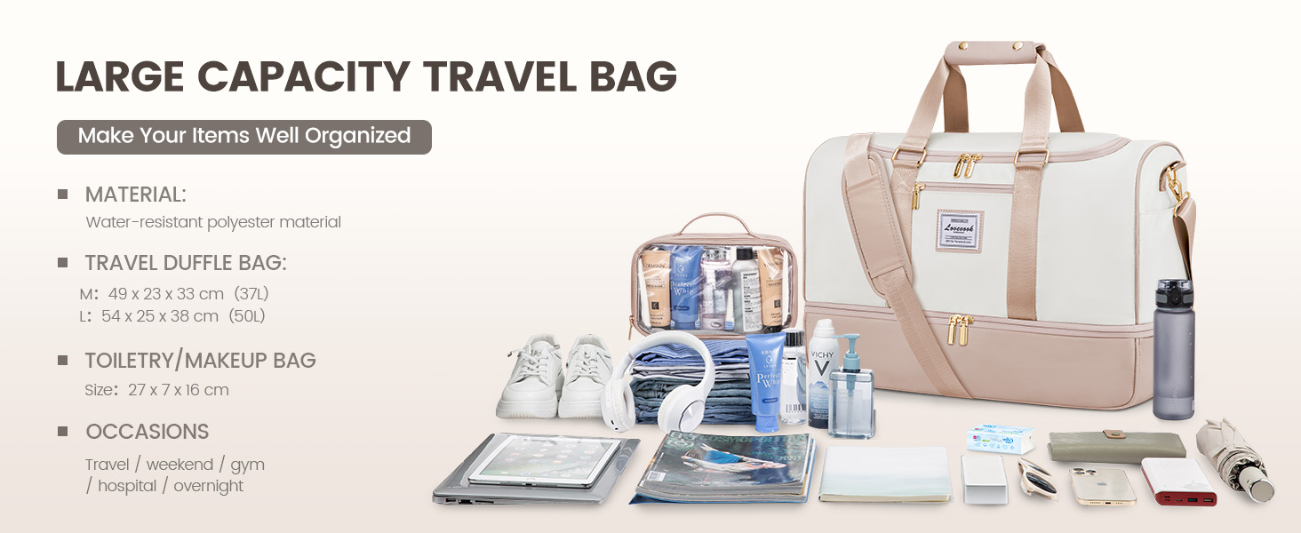 Сумка-мішок LOVEVOOK для подорожей, 37L, жіноча, для ручної поклажі, weekender, з органайзером для косметики, відділенням для взуття та вологонепроникним кишеням, водонепроникна спортивна сумка, пляжна сумка, для відпочинку, авіаперельотів, кемпінгу, M, Khaki-beige