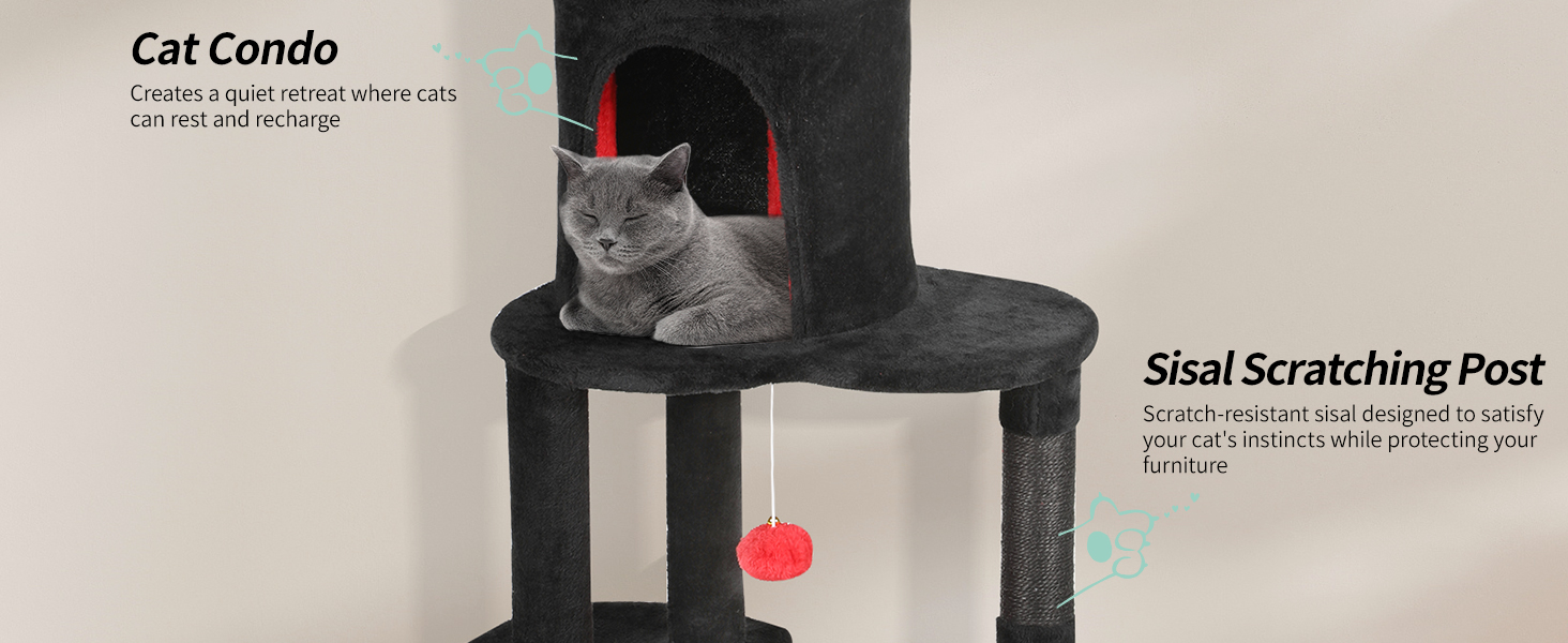 Котячий комплекс YITAHOME XXL, 142 см, з 8 стовпчиками сизалю, 3 платформами, 2 хованками, гамаком, іграшками, чорно-червоний