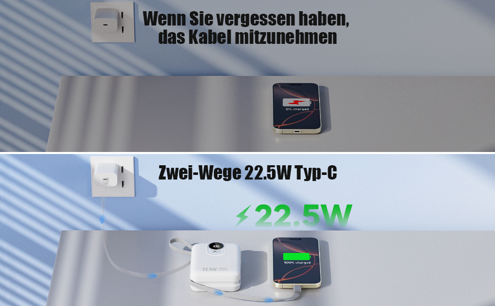 Power Bank 20000mAh з інтегрованим кабелем: Швидка зарядка 22.5W, USB C (вхід та вихід), акумулятор для мобільного телефону, Powerbank з 4 виходами та 2 входами, білий