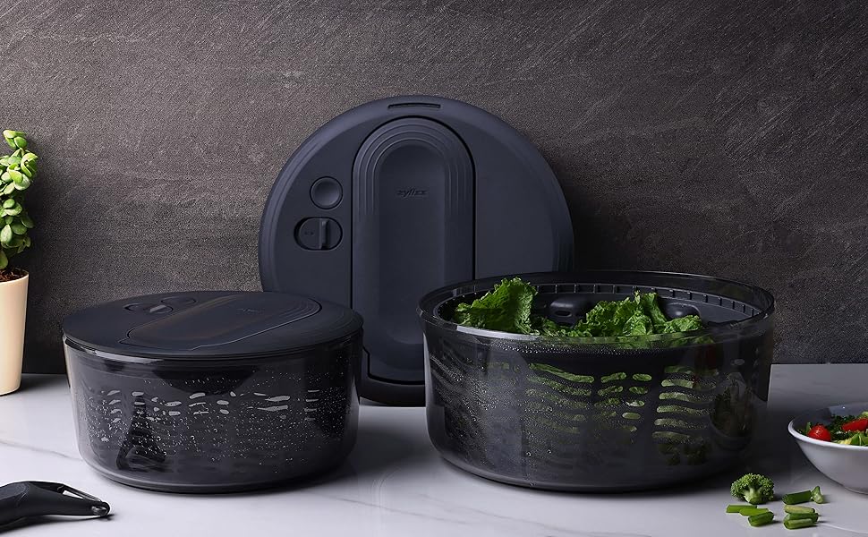 Салатниця-швидкосушарка Zyliss Swift Dry, 6л, з кришкою, BPA-free, неслизьке дно, AquaVent™ технологія, кнопка стоп, придатна для миття в посудомийній машині, сіра