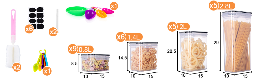 Набір контейнерів для зберігання Heucheey 25 шт. - Органайзер для кухні, контейнери для продуктів з кришкою, набір для зберігання з мірною ложкою, маркувальником, наклейками, щіткою