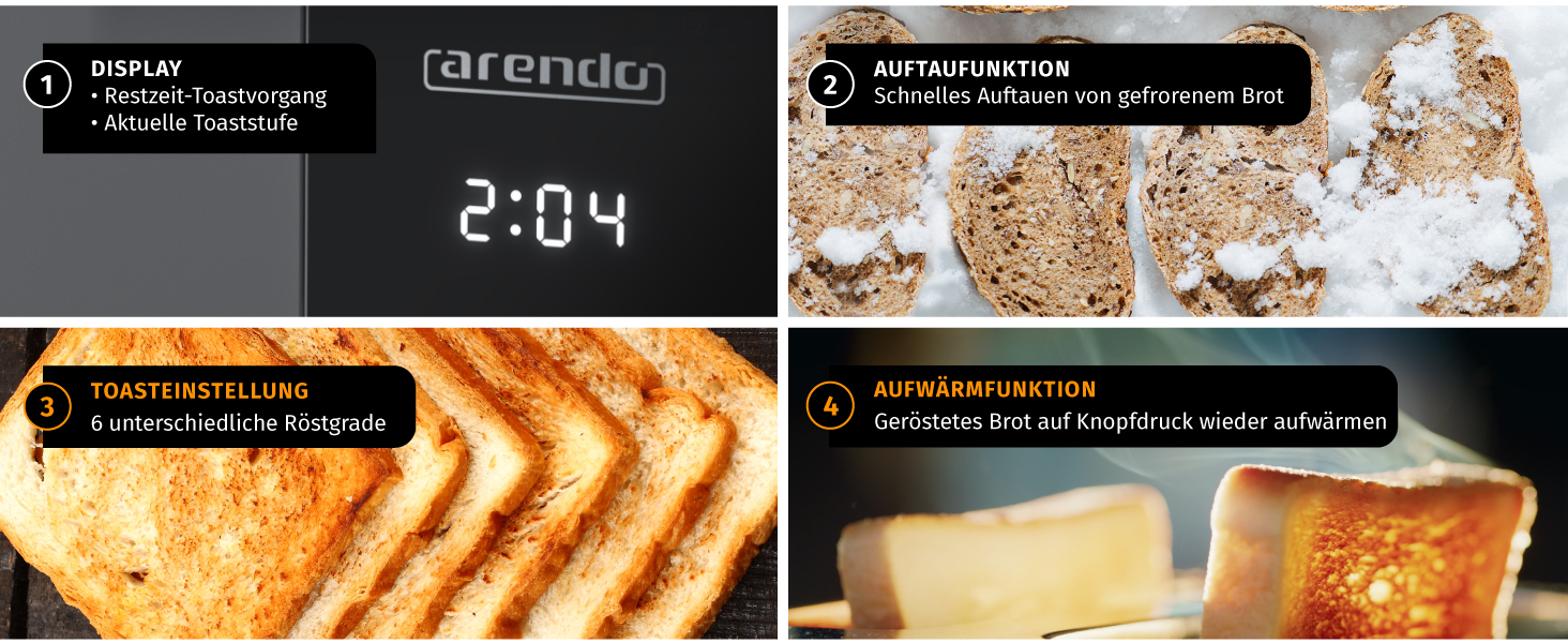 Тостер Arendo з нержавіючої сталі, 2 відділення, довгий проріз, сенсорний дисплей, подвійні стінки, насадка для тостів, 6 ступенів підсмажування, центрування хліба, індикатор часу, функція пам'яті, чорний (B: Cool Grey)