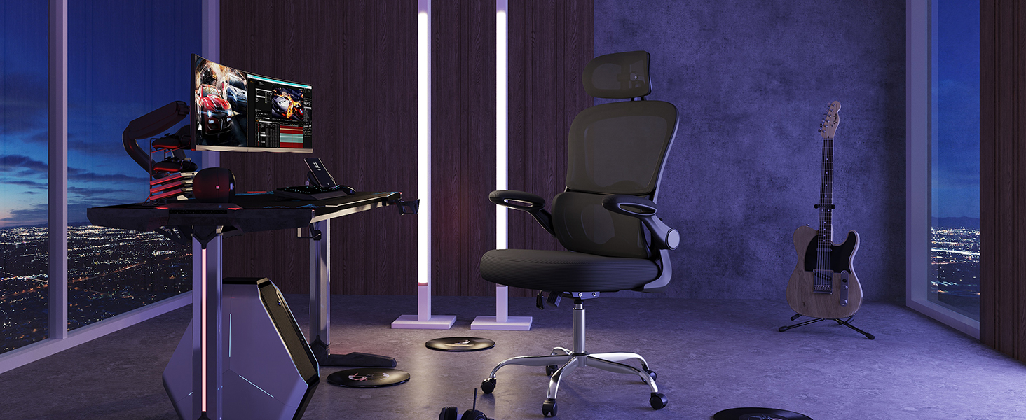 Офісне крісло Devaise ергономічне, з підтримкою попереку, 3D-підголівником, регульованими підлокітниками та сітчастою спинкою, для офісу та дому, до 150 кг, чорне