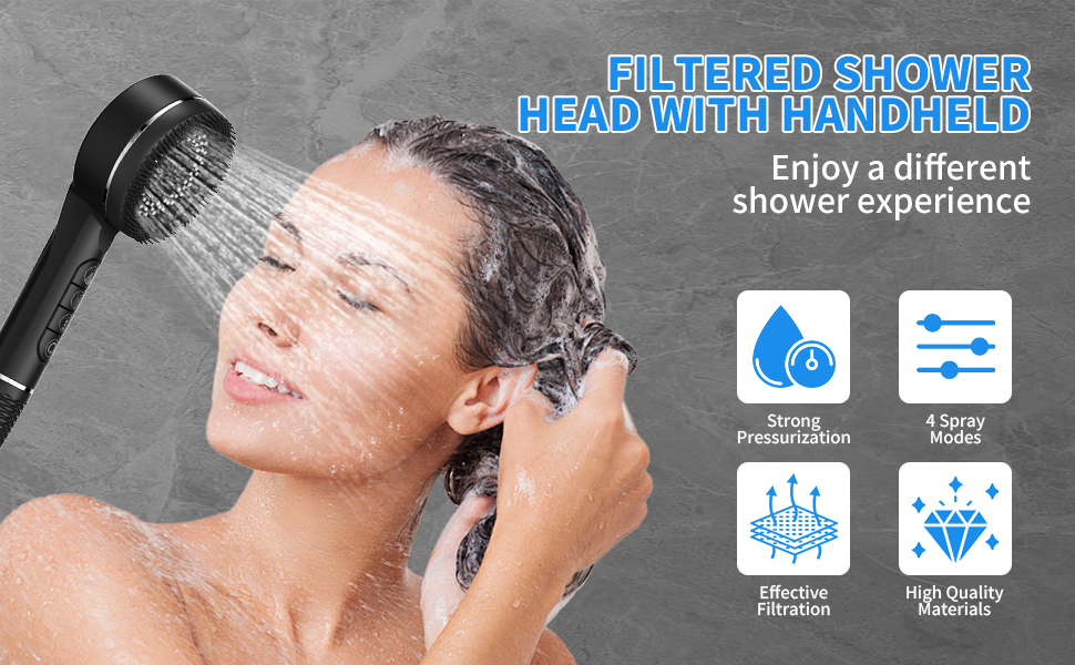 Фільтрована лійкова насадка для душу з високим тиском, ручна, з шлангом, 4 режими, економія води, чорна Pro (DE-002)