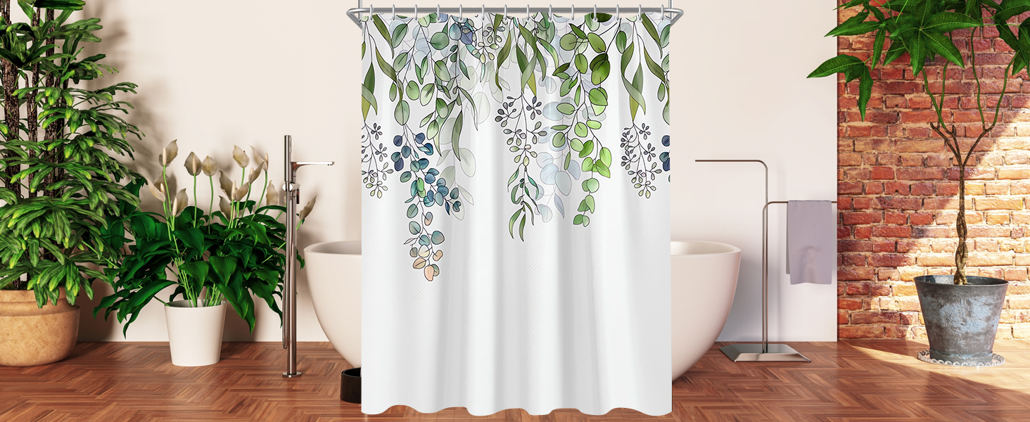 Штора для душу 300x200 см, зелені листки, антигрибкова, текстильна, з обтяженим краєм, водовідштовхувальна, поліестер, з кільцями та 16 гачками для ванної кімнати