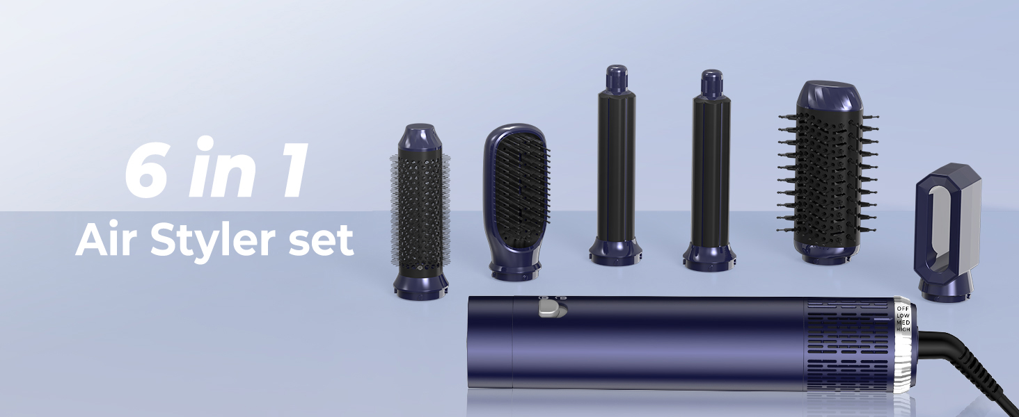 Фен-щітка 6 в 1 Airbrush | Професійний набір Air Styler - 1000W, круглі щітки, керлер, щітка для гарячого повітря, фен-щітка, фен, випрямляч | Для всіх типів волосся - блакитно-чорний