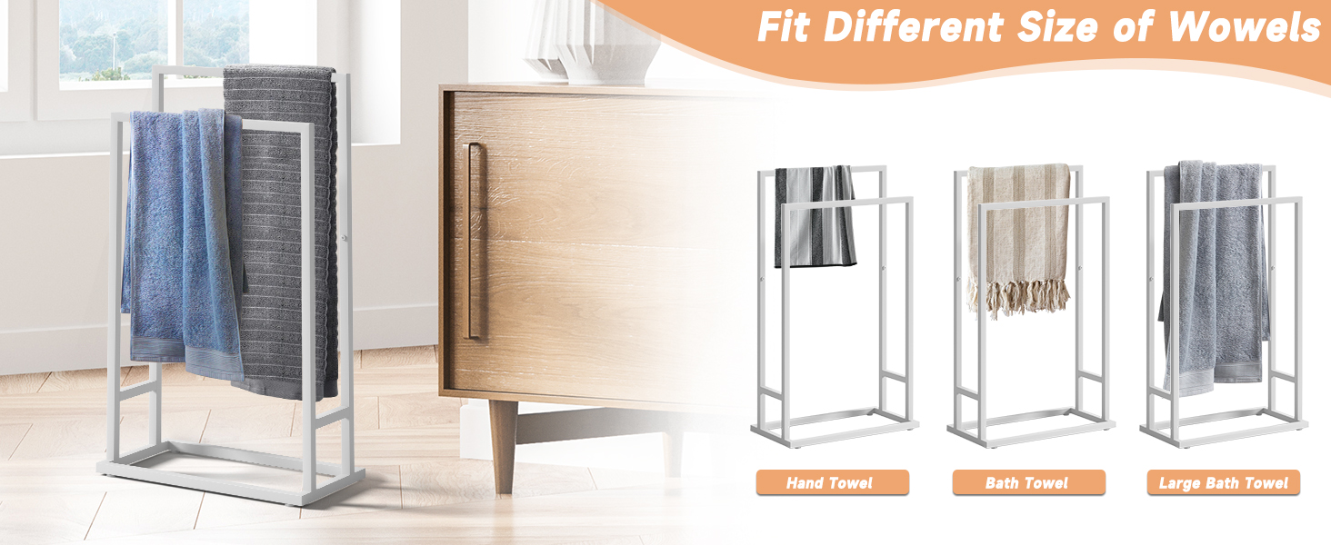 Підставка для рушників на підлозі, металева, з 2 перекладинами, для ванної кімнати, стабільна, економна, індустріальний стиль (білий)