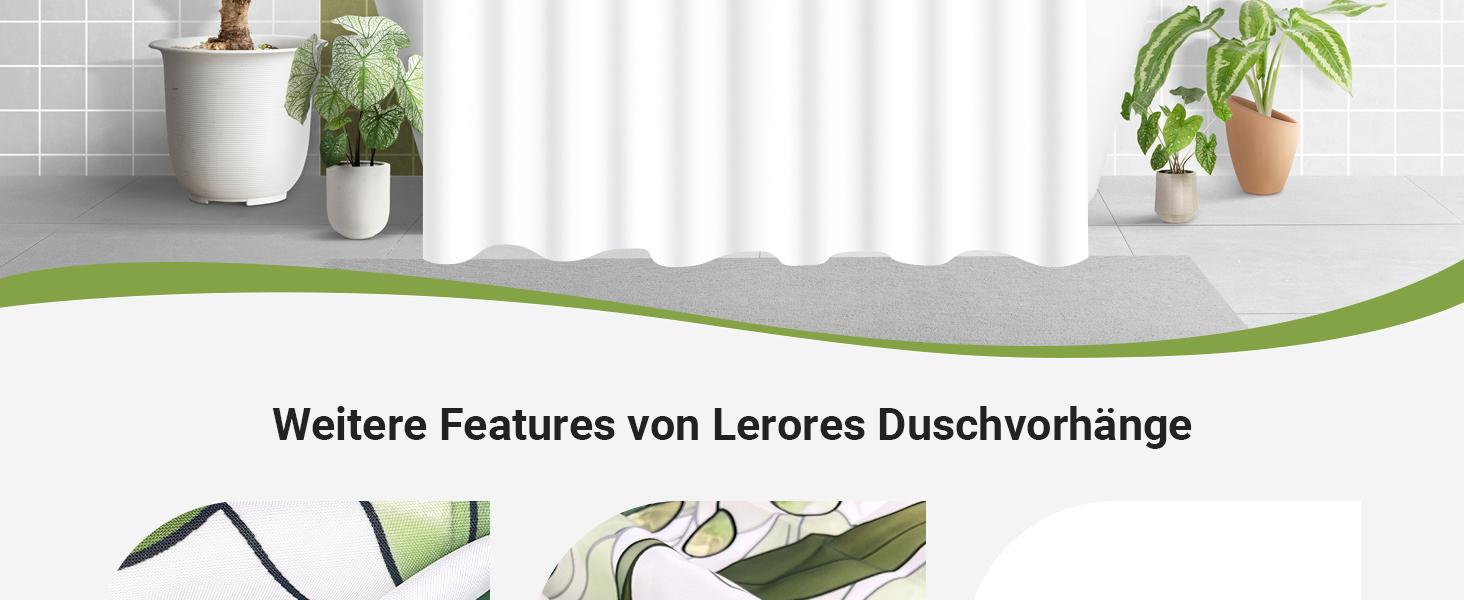 Штора для душу 200x200 см, зелені листки, антигрибкова, текстильна, водовідштовхувальна, поліестер, з кільцями (1 шт)