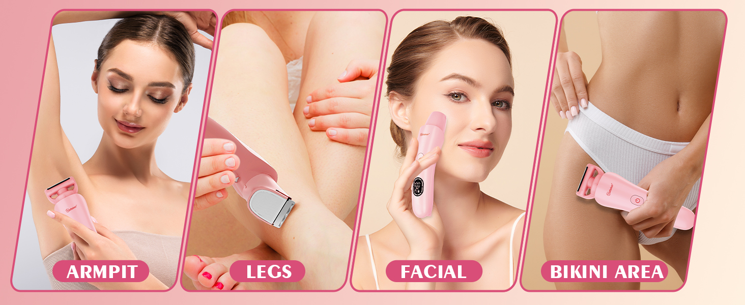 Електричний епілятор Hatteker 3-в-1 для жінок: тример для бікіні, епілятор та бритва. LED-дисплей, IPX7, USB-зарядка (Рожевий)