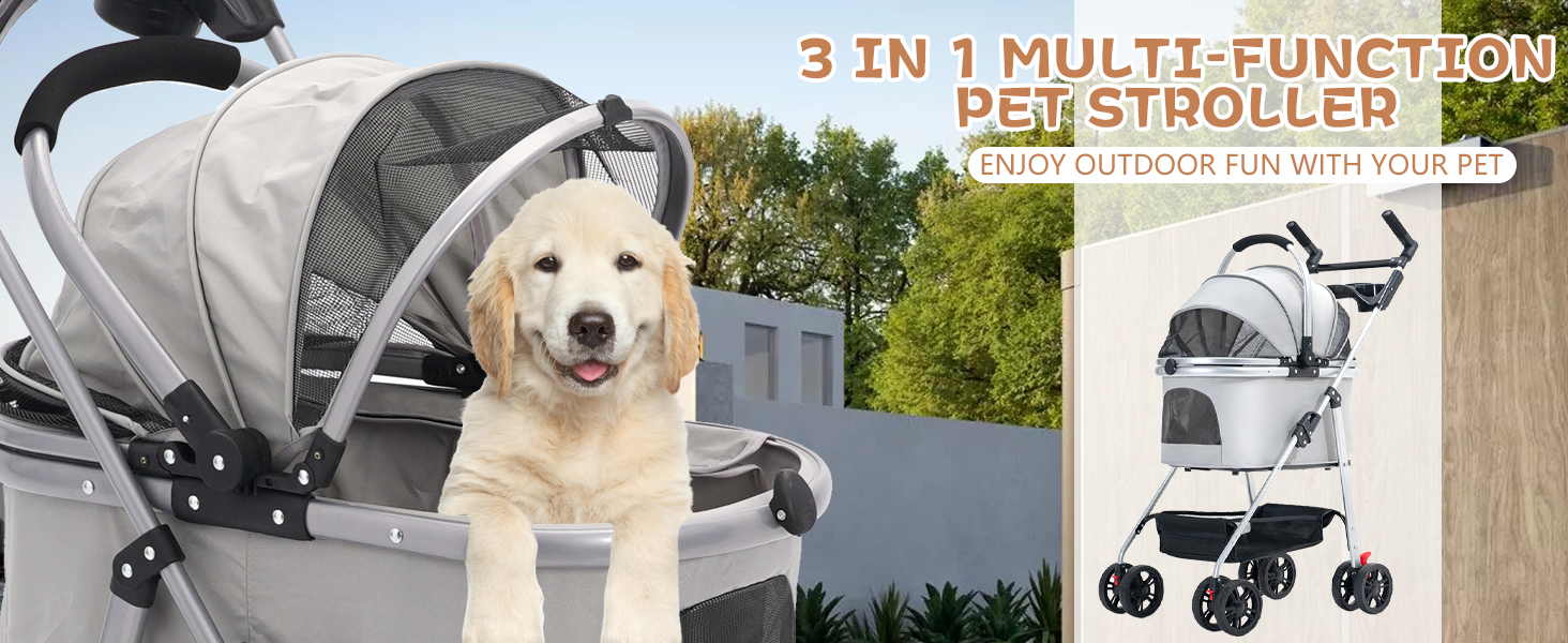 Візок для собак Siairo 3-в-1, сірий. Будка для собак середніх порід до 20 кг, переноска, автокрісло, відділення для їжі