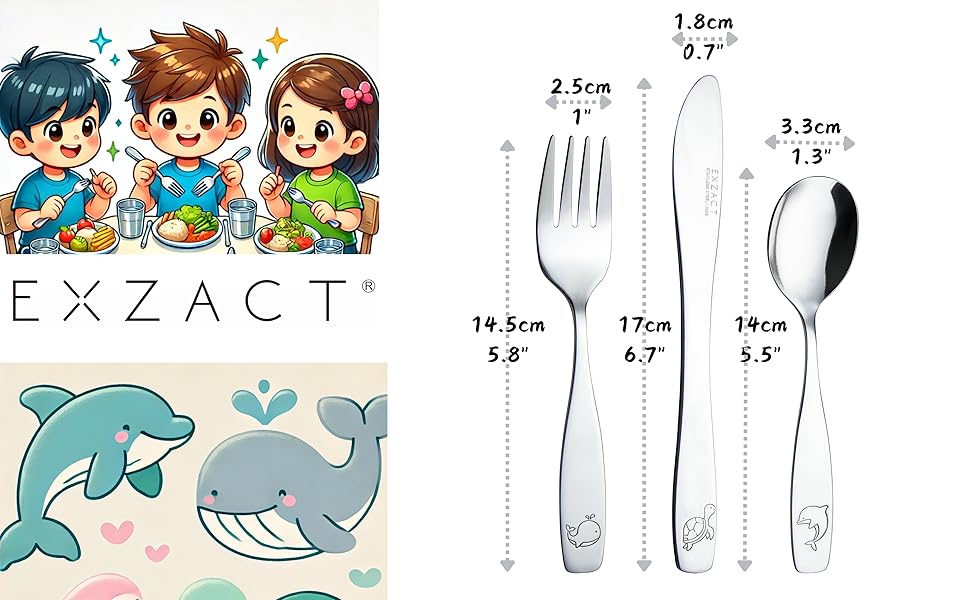 Набір дитячого столового приладдя EXZACT Kinderbesteck Set (18 предметів) з нержавіючої сталі для дітей від 2 років. Можлива гравіювання, безпечні ножі, підходить для миття в посудомийній машині.
