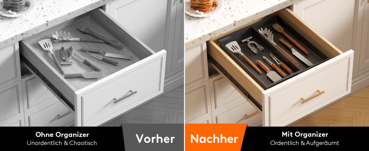 Органайзер для столових приладів Lifewit в шухляду, розширюваний (43.9 см), чорний, 40 см глибина, для кухні, ложок, ножів, лопаток