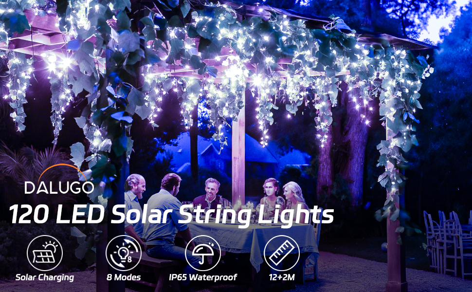 Сонячна гірлянда для зовнішнього використання, 12м, 120 LED, холодне біле світло, 8 режимів. Підходить для декору саду, двору, тераси, весіль. Вологостійка.