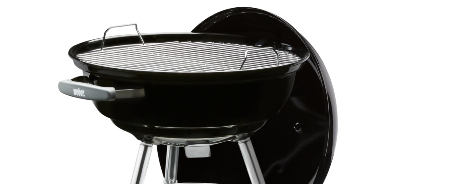 Вугільний гриль Weber Compact Kettle 47 см, порцелянове покриття, на тринозі з колесами, хромована решітка, чорний