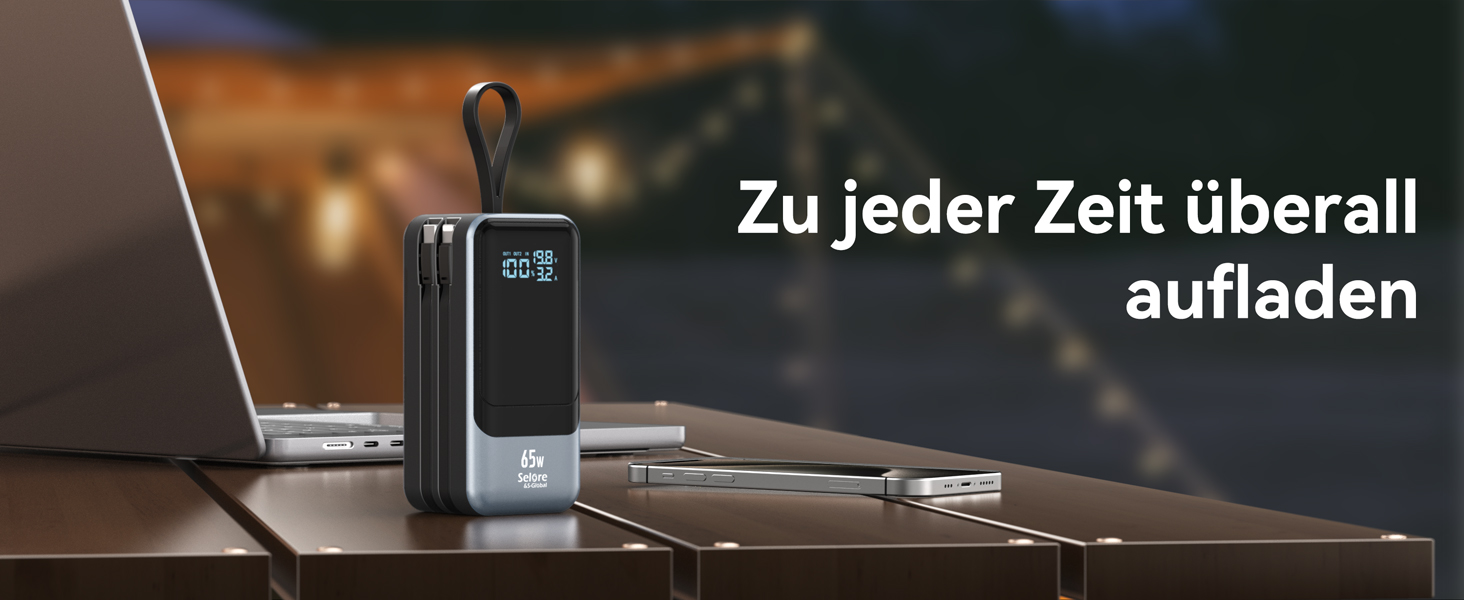 Power Bank Selore&S 65W з USB-C, 4 порти, для ноутбуків, MacBook, iPad, iPhone, Galaxy, Steam Deck, дронів, чорний