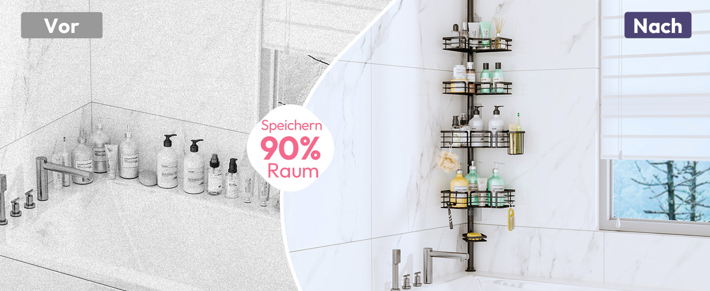 Регульована поличка для душу SWTYMIKI з нержавіючої сталі, 4 яруси, з мильницею, тримачем для зубних щіток та 4 гачками, 70-275 см, чорний (без свердління)