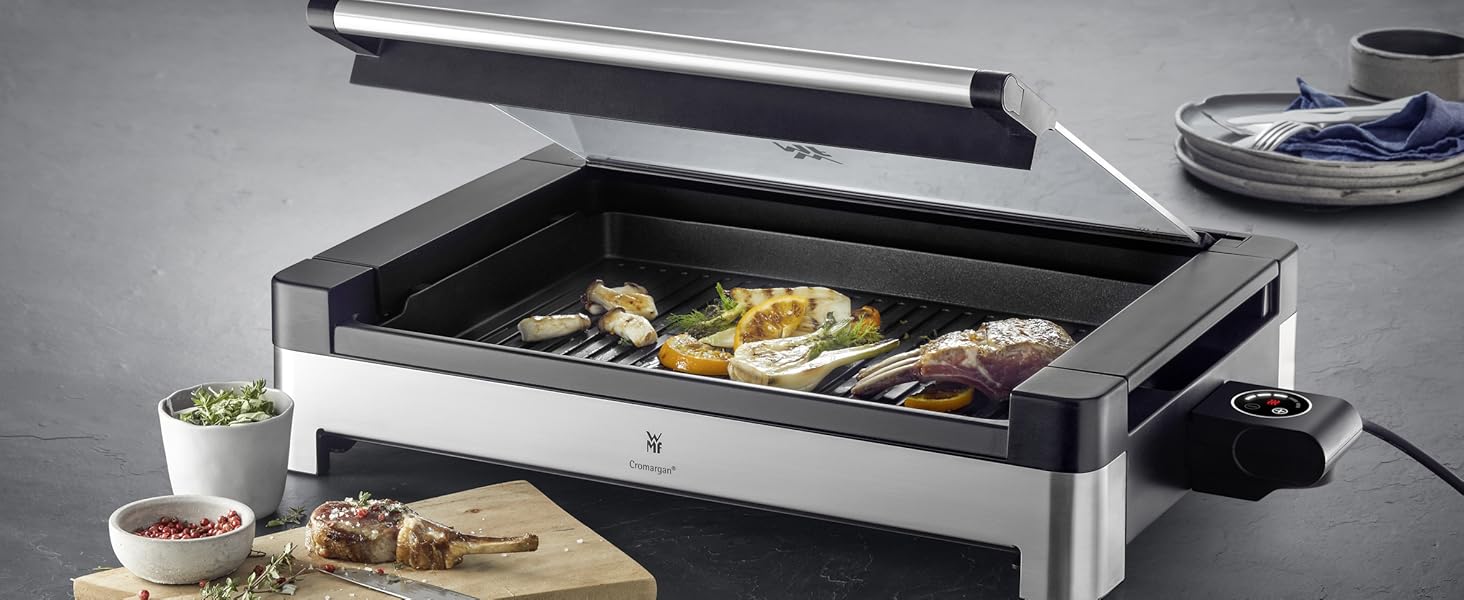 WMF Lono Electric Table Grill with Glass Lid - Non-Stick Coated Plate, Removable Drip Tray, Dishwasher Safe, Matte Stainless Steel, 2200W Single