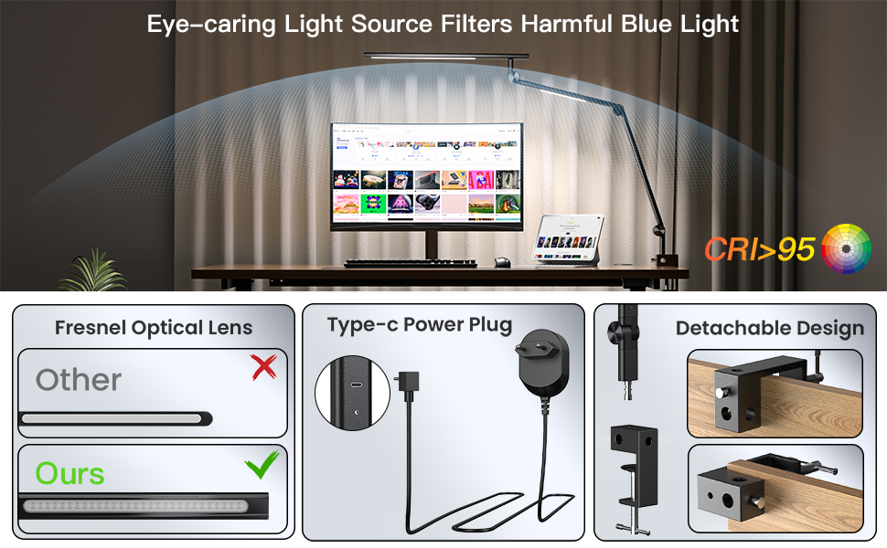 VERSKI LED Desk Lamp with Adjustable Brightness & Color Temperature - 18W Dual Light Source, Clamp-On, Eye Protection, Daylight Lamp for Home Office & Study