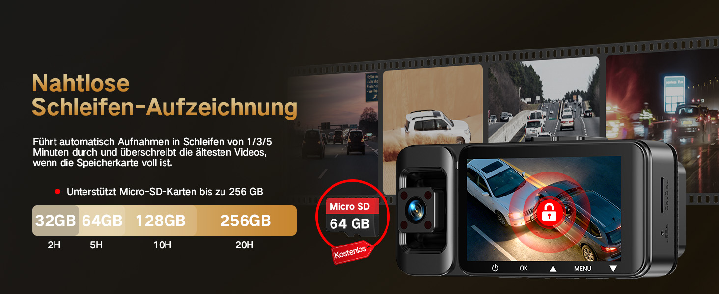 3-канальний автомобільний відеореєстратор 4K (передній, задній, салонний), 170° широкий кут, нічна зйомка, паркування 24/7, G-сенсор, WiFi 5.8 ГГц, SD-карта 64ГБ, чорний