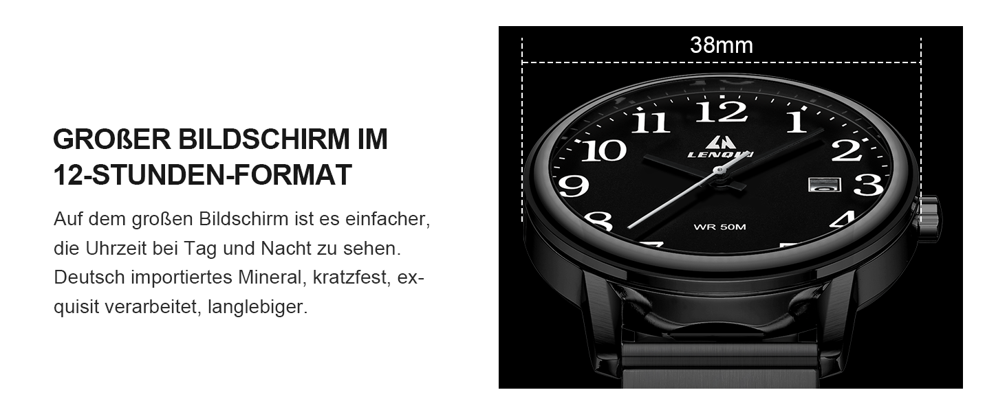 Чоловічий годинник: аналоговий кварцовий годинник з датою, водонепроникний, 38 мм, чорний. Стильний годинник для бізнесу та повсякденного носіння