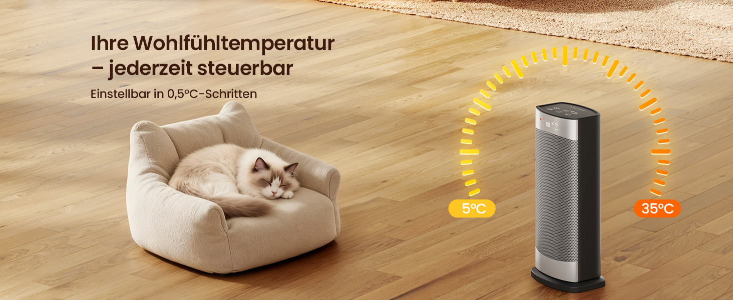 Електричний обігрівач з термостатом 1500W, 70°C, PTC кераміка, тихий, ECO-режим, таймер 24 год, захист від перегріву та перекидання, срібний, 41 см