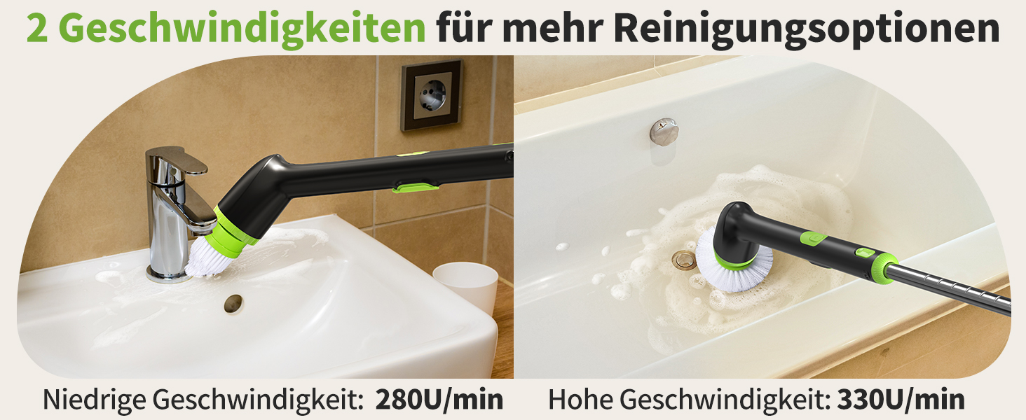Електрична щітка для прибирання LyriFine, водонепроникна IPX7, з довгим руків'ям, 2 швидкості, змінна насадка, для ванної кімнати, білий (світло-зелений)