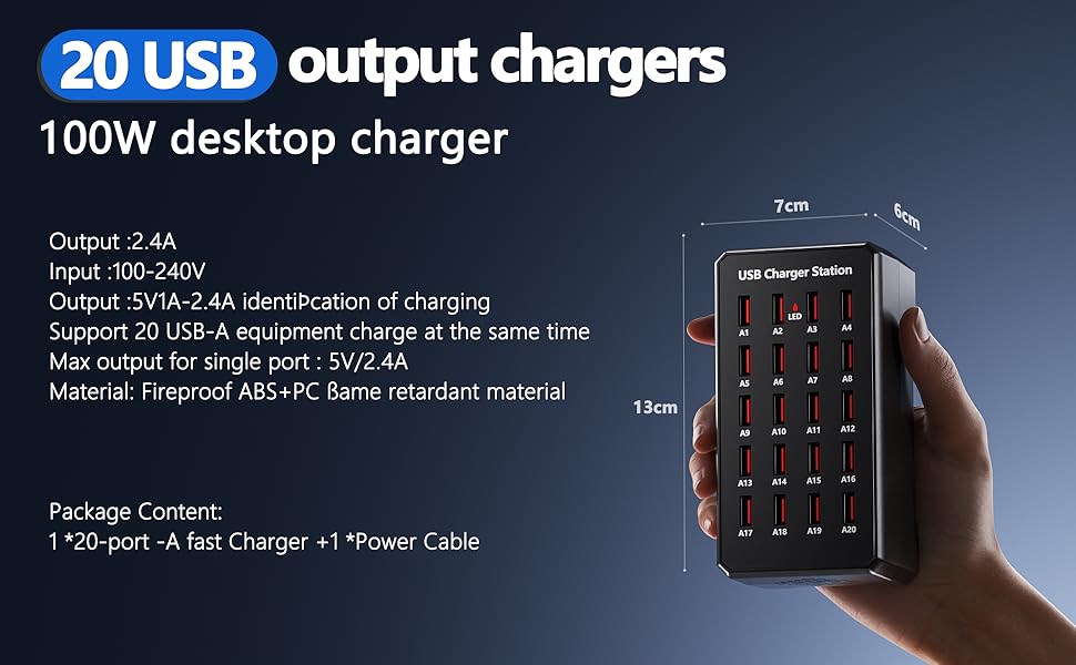 USB-зарядний пристрій 20 портів 100W/20A, настільна станція для iPhone 14/15/16, Samsung Galaxy S23/S24, Google Pixel, планшетів та інших USB-пристроїв