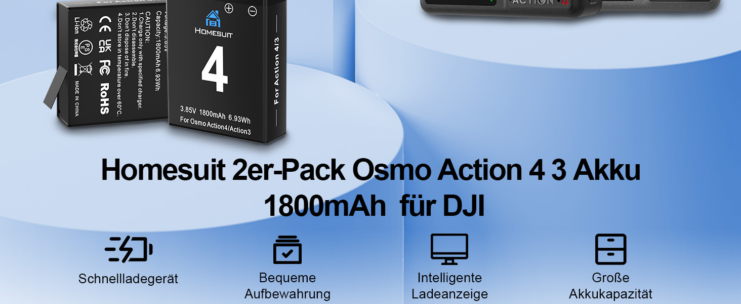 Набір акумуляторів та зарядного пристрою Homesuit для DJI Osmo Action 4/3: 2x акумулятор 1800mAh, Dual USB LED Charger