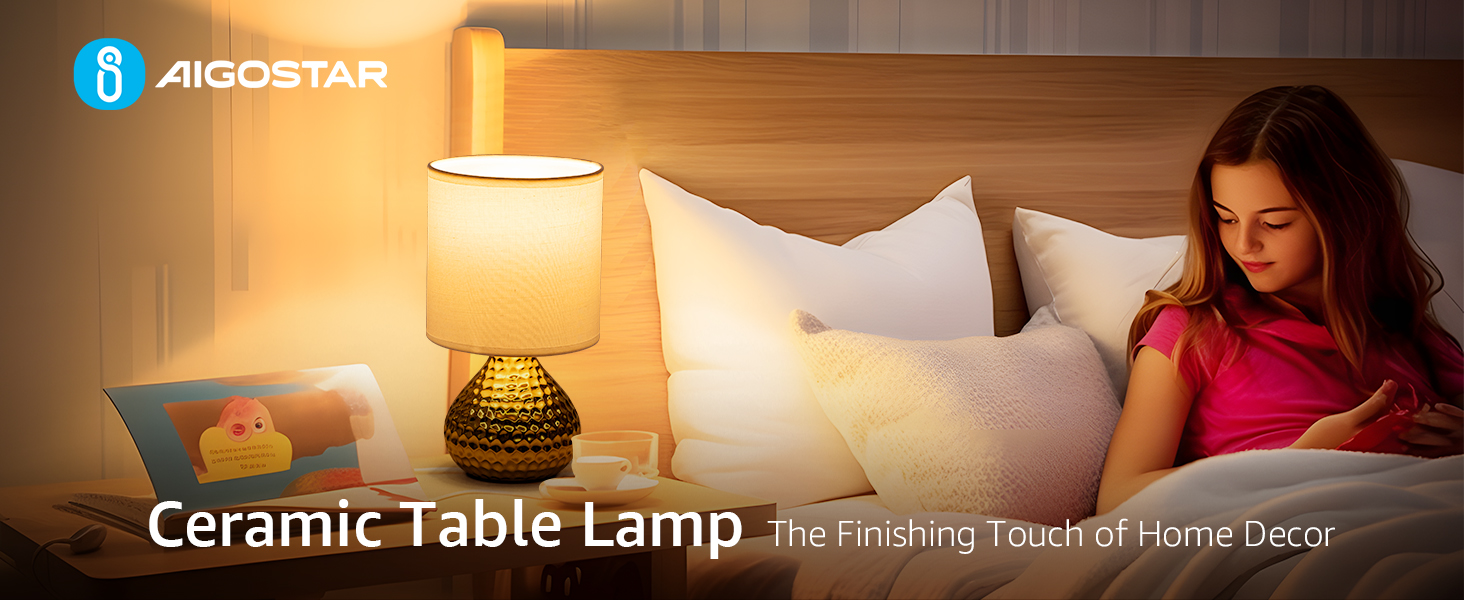 Лампа настільна Aigostar керамічна, вінтажна з абажуром з тканини, патрон E14, max.40W, сучасна, нічник для спальні, вітальні, офісу (без лампочки) - H235mm, золото - H23.5cm