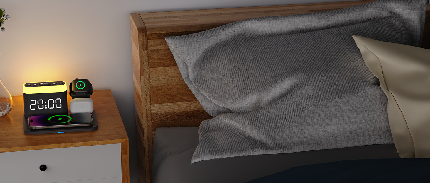 Бездрокова зарядна станція ANJANK 3-в-1 з будильником, 7 нічників та Mag-Safe для iPhone 17/16/15/14/13/12 Pro Max Plus, Apple Watch 11/10/9/8, AirPods