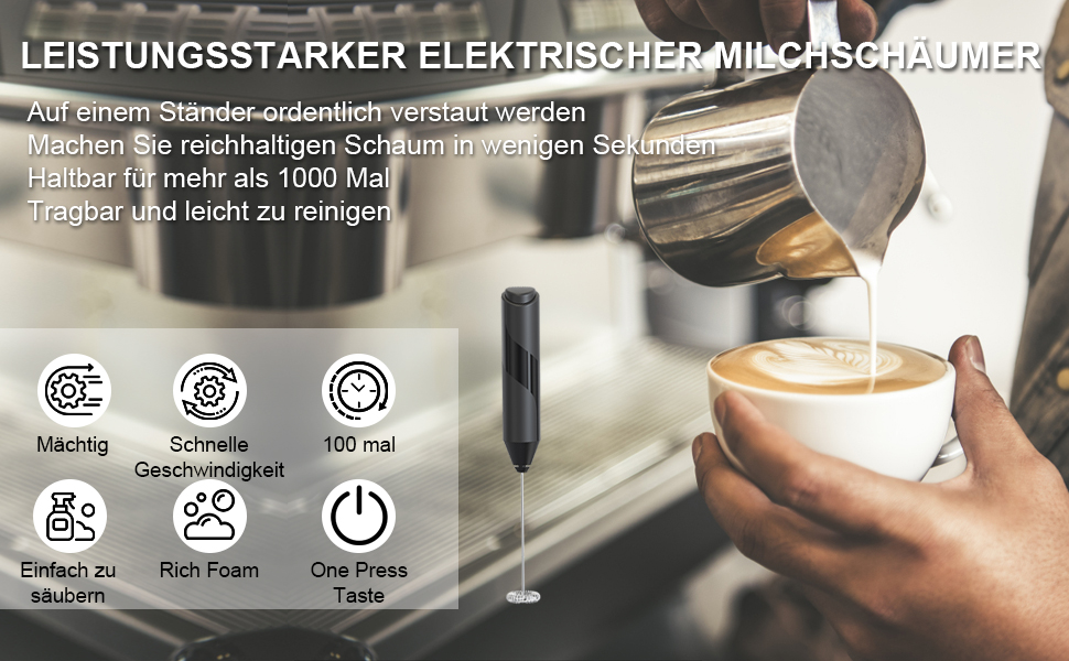 COKUNST Ручний пінозмішувач для молока: електричний міні-змішувач для матча, кави, гарячого шоколаду та фраппе - чорний (без підставки)