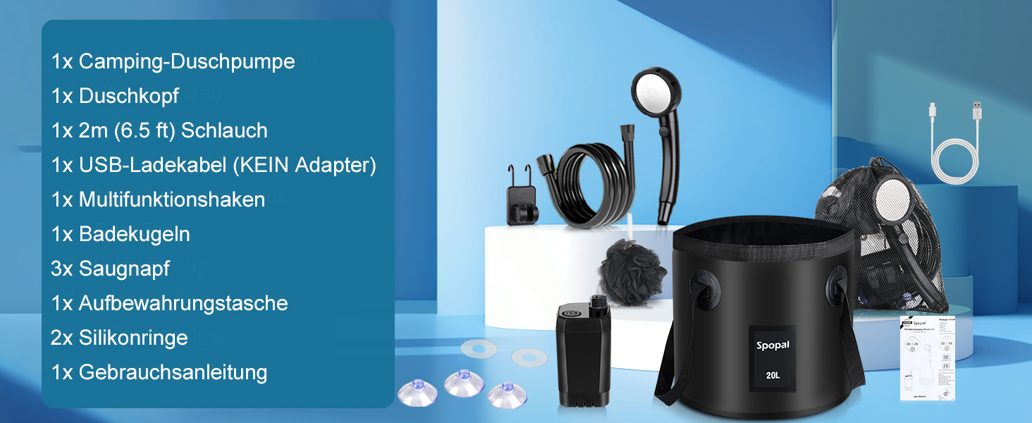 Портативна кемпінгова душ Spopal з акумулятором 6000mAh, 20л, з набором: душ, шланг 2м, для кемпінгу, відпочинку, автомийки, тварин