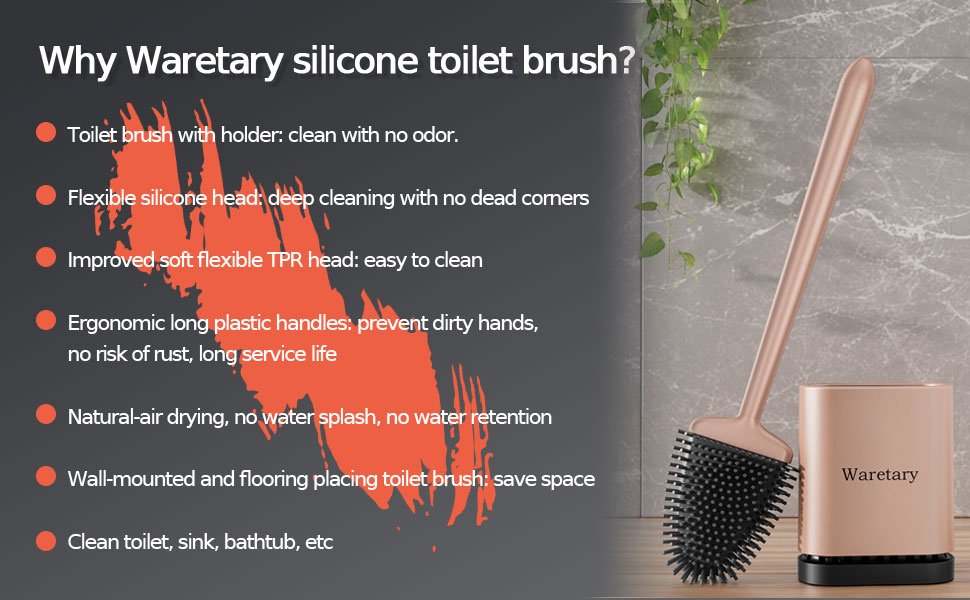 Набір для чищення унітазу Waretary з силіконовою щіткою та підставкою з нержавіючої сталі, гнучкий наконечник для глибокого очищення, швидковисихаючий, для кріплення на стіні та встановлення на підлогу, золотий