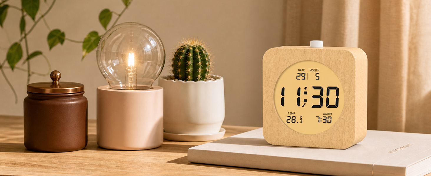 Цифровий настільний будильник aboveClock з дерев'яним корпусом, LCD-дисплей з температурою та датою, функція Snooze та підсвічуванням, квадратний