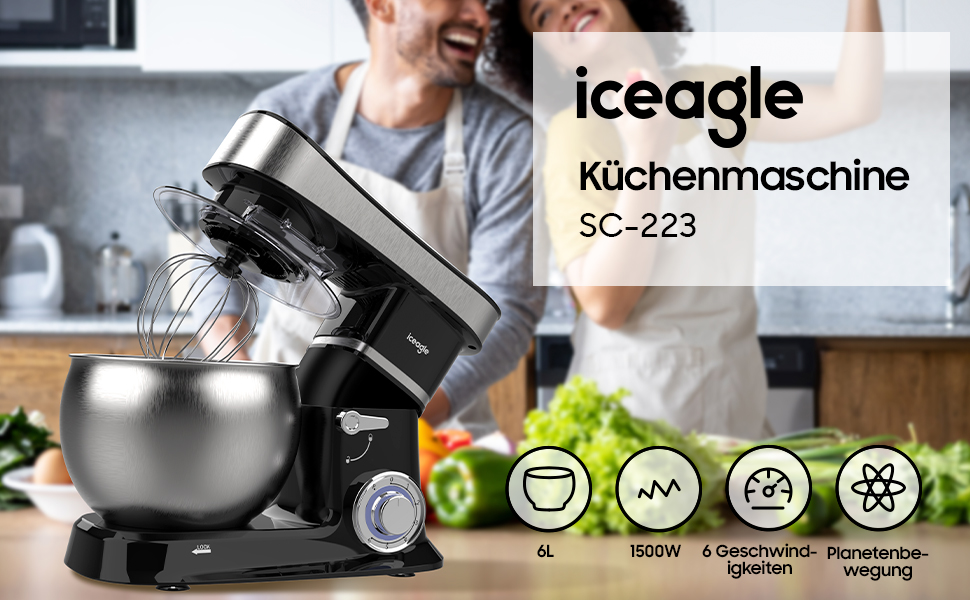 Кухонна машина з чашею 6л з нержавіючої сталі, міксер для тіста з Flexi-мішалкою, гаком для тіста та вінчиком, 6 швидкостей, 1500 Вт