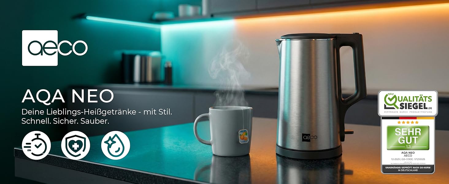 Електричний чайник Aeco AQA NEO з нержавіючої сталі, 1.7 л, 2150 Вт, без BPA, фільтр від накипу, бездротовий, CoolTouch, шампань сріблястий