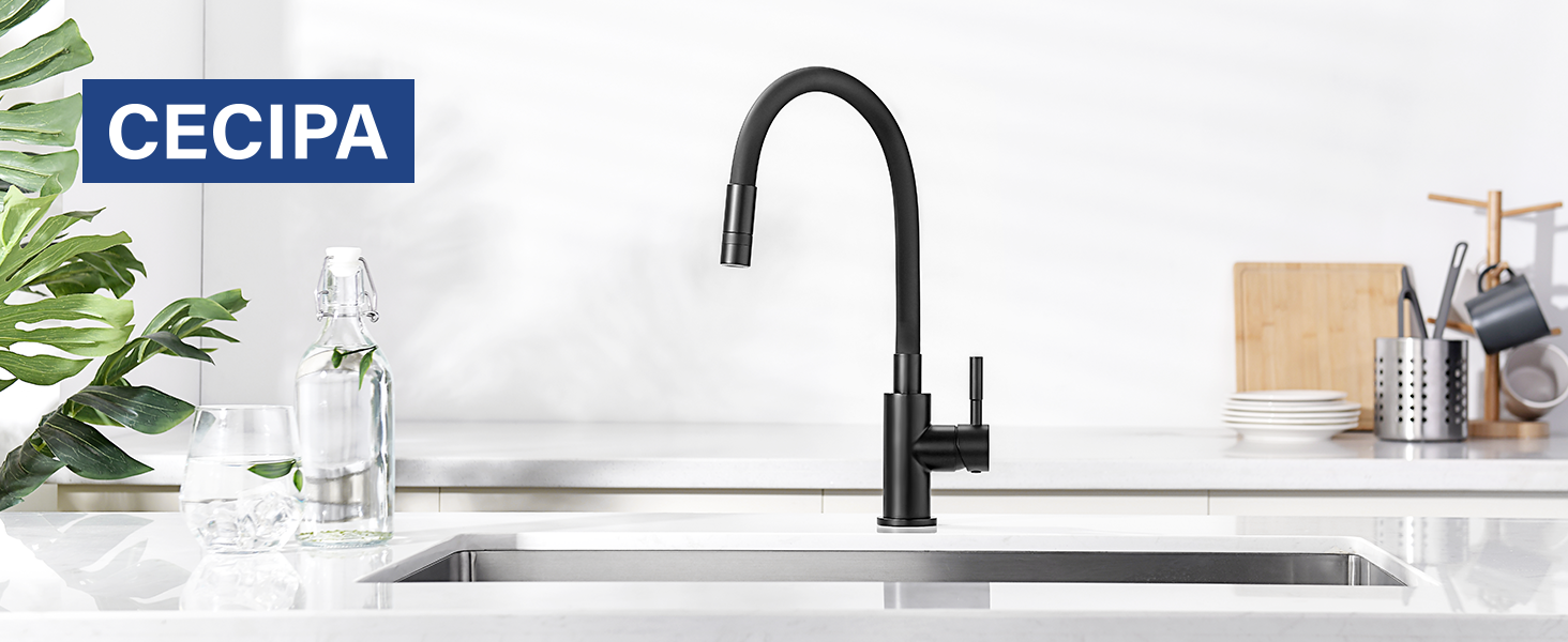 Змішувач кухонний CECIPA SOFETIY SERIE чорний з гнучким гусаком 360° для високого тиску, з нержавіючої сталі, для мийки, однолеверний