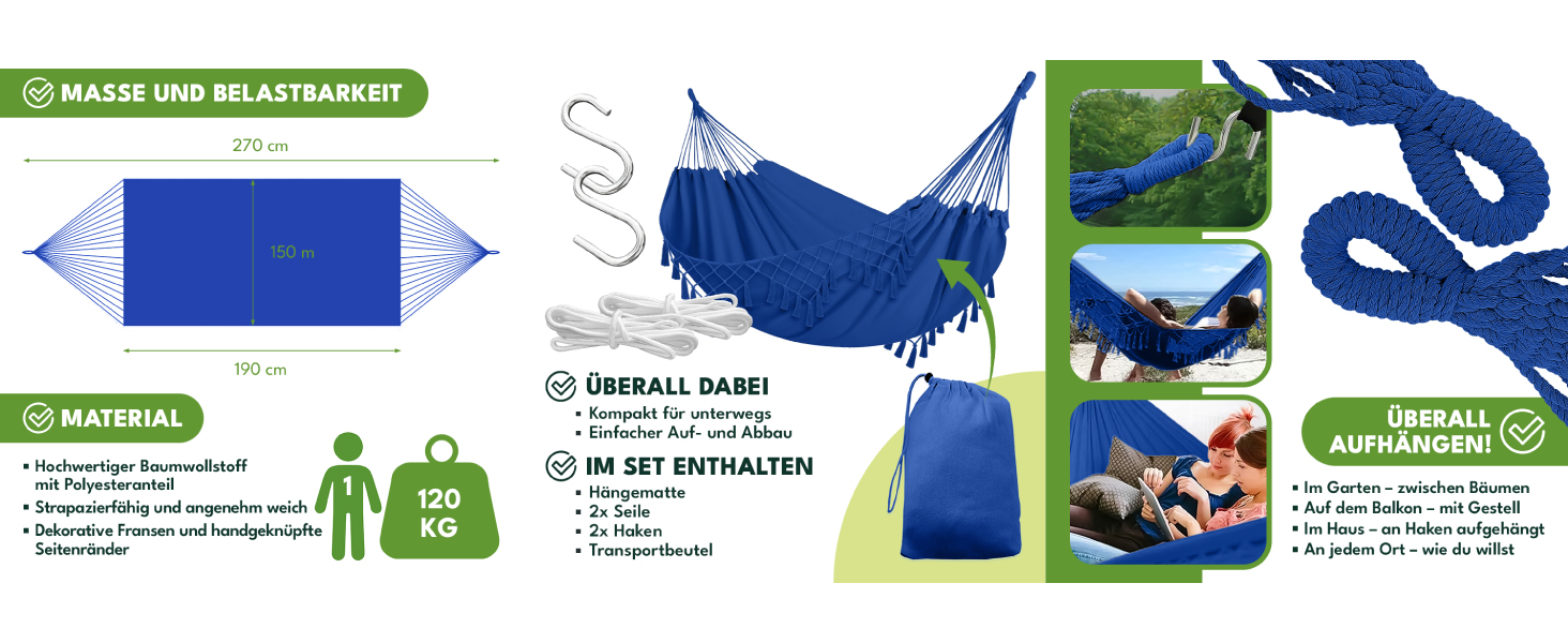 Гамак KRUMAD 260 см, до 250 кг, водостійкий, бавовна-поліестер, для саду, балкону, кемпінгу, з дерев'яними розпірками та сумкою (Синій, 150x200 см)