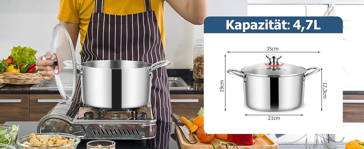 Каструля Homikit 20 см з нержавіючої сталі, 3-шарова, з кришкою з термостійкого скла, об'єм 3,3 л. Підходить для приготування супів, пасти, м'яса. Для всіх типів плит, не має покриття, безпечна, можна мити в посудомийній машині.