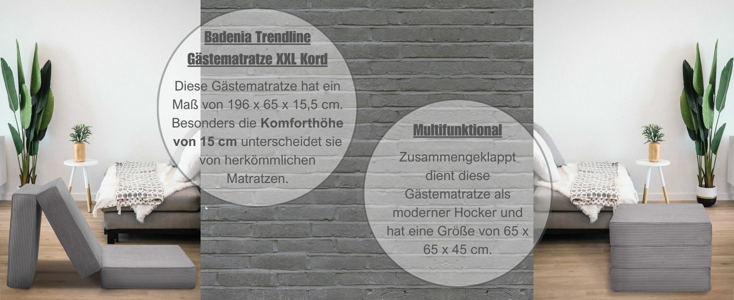 Badenia Trendline Foldable Guest Mattress with Durable Microfiber Cover, Öko-Tex Certified, 196 x 65 x 8.5 cm Sleeping Area, produced according to German quality standards. Height 8.5 cm (Light Gray - Cord, Height 15.5 cm)