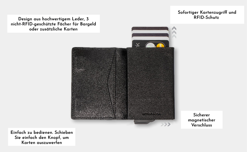 Гаманець чоловічий RFID Stealth Wallet з алюмінієвим каркасом та шкірою (чорний) - захист від сканування карт, мінімалістичний, з подарунковою коробкою