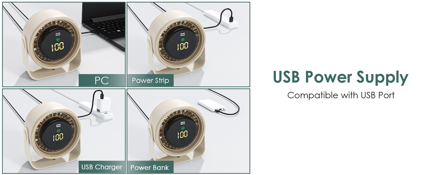 USB вентилятор Minthouz 3000mAh з LED-дисплеєм, 4 швидкості, поворотний, для офісу, спальні, на вулицю